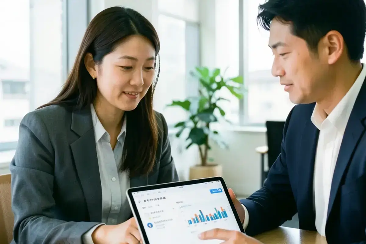 タブレットで資料を確認する担当者と創業者