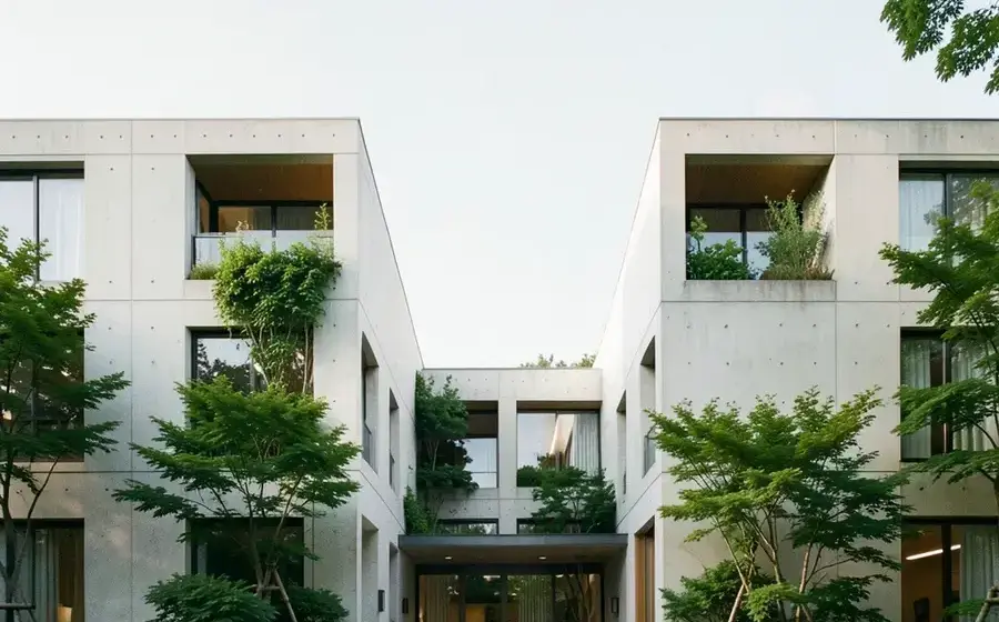左右対称の現代建築と植栽