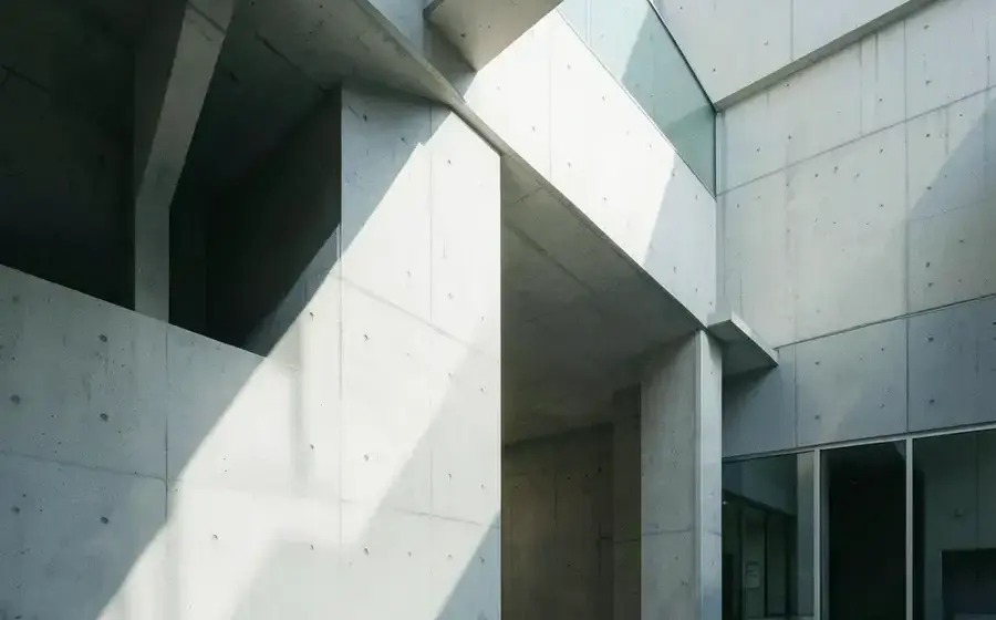 斜めの光が入るコンクリートと鋼鉄の建築